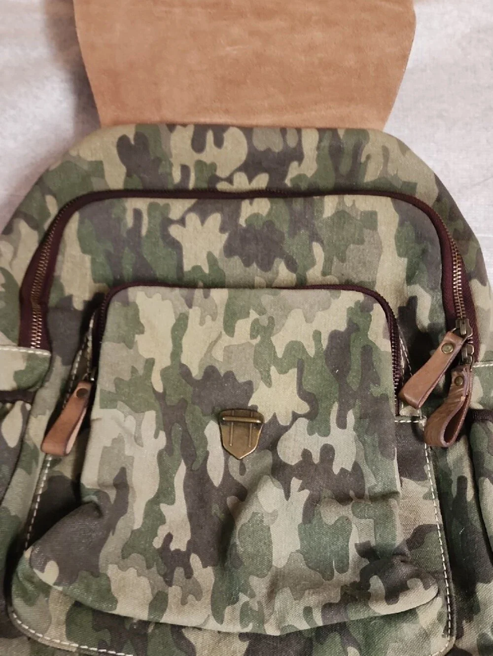 Scully Camouflage & Leather Ranger Canvas Backpack with Brown Trim